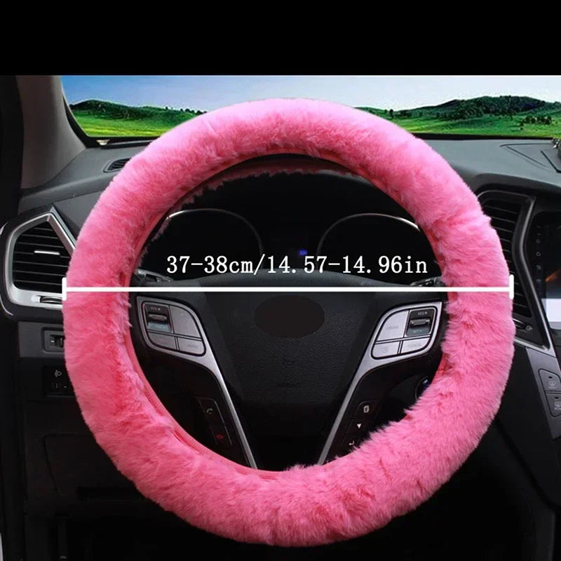 Pink Plush Steering Wheel Cover, with Gearshift and Handbrake Cover